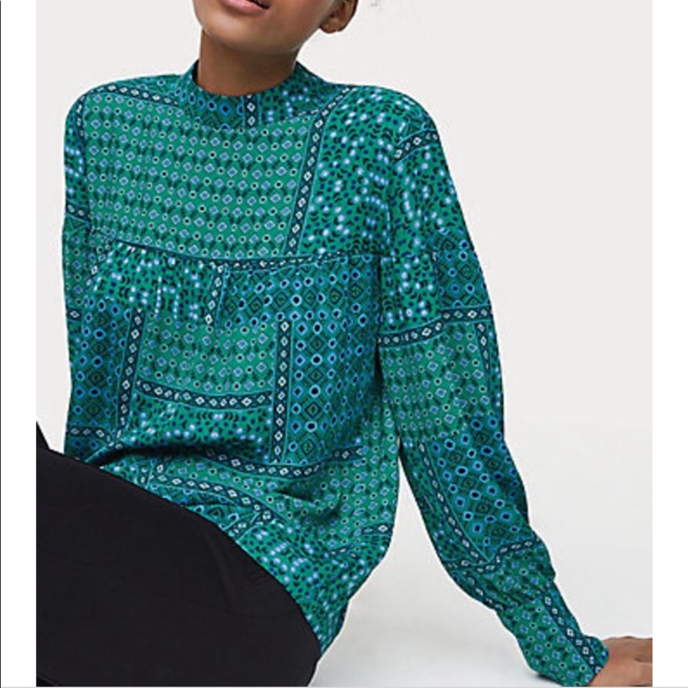 Loft Mock Neck Patchwork Blouse, Size Medium - image 1